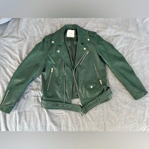 MNG Mango Genuine Leather Biker Jacket - Green - Size M